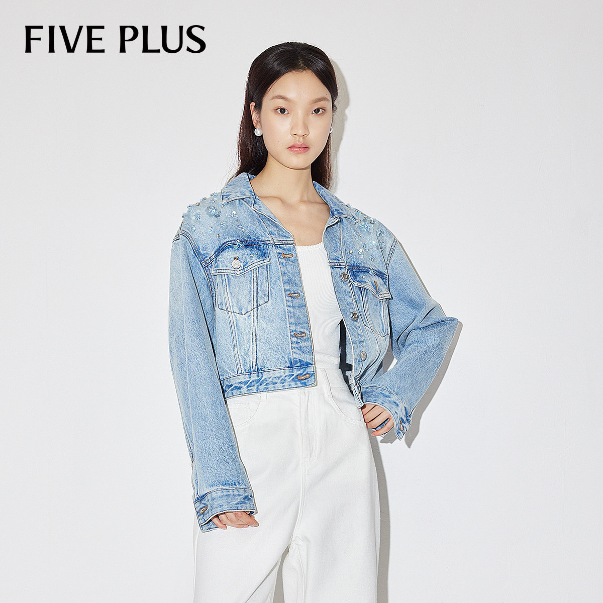 FIVE PLUS牛仔外套女上衣复古设计感短款夹克翻领,女装/女士精品,短外套,淘宝优惠券,粉丝福利购,淘宝优惠卷