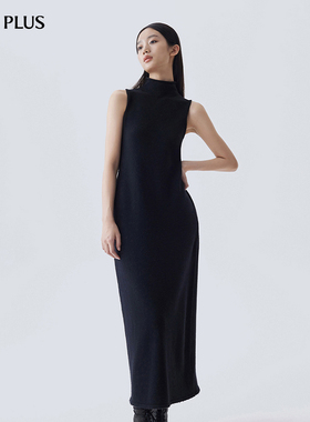 FIVE PLUS羊毛毛衣裙女通勤立领连衣裙复古小黑裙