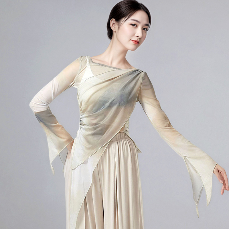 古典舞纱衣女长袖喇叭袖印花渐变复古上衣中国舞蹈练功演出服