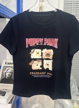 甜美可爱风小狗印花短袖T恤女黑色宽松减龄上衣25454