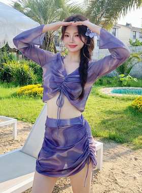 性感 紫色分体泳衣女长袖V领抽绳裙式四件套高级感沙滩泡温泉泳装