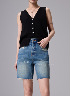 2025新款宽松五分裤女夏季薄款中裤高腰显瘦复古气质休闲牛仔短裤