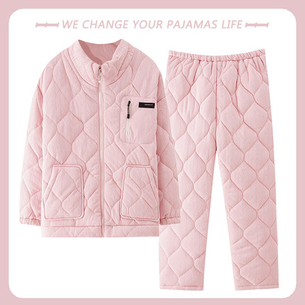 睡衣女秋冬季女士三层加厚纯棉夹棉加绒珊瑚绒保暖棉袄家居服套装
