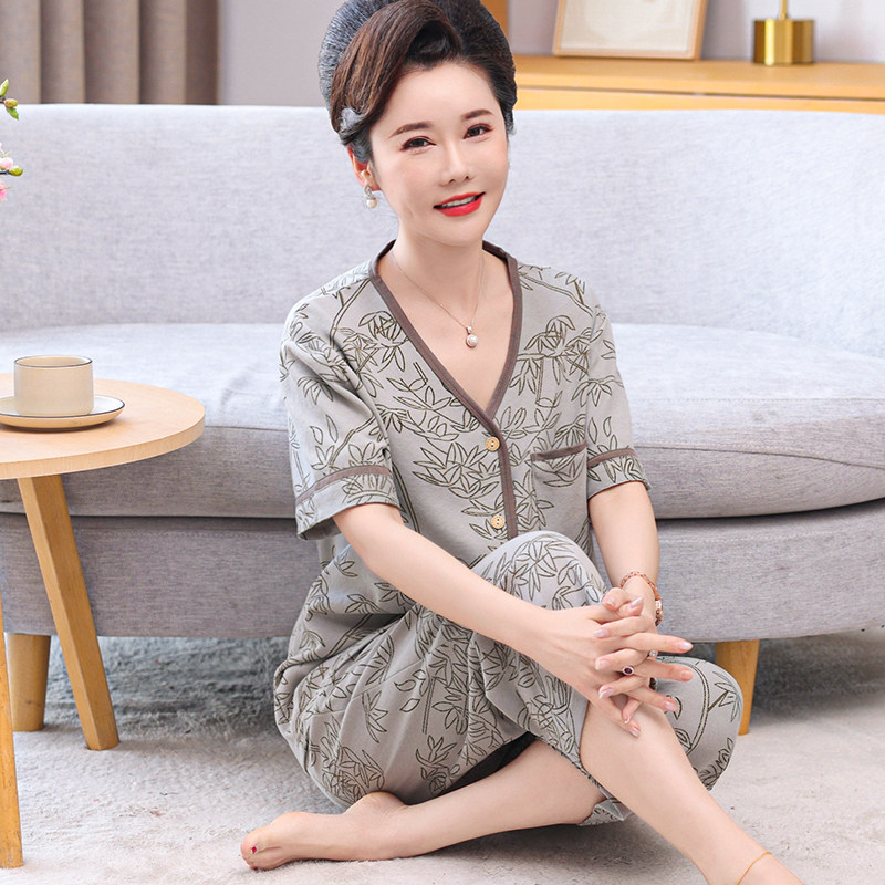 睡衣女夏季纯棉中年妈妈短袖九分裤开衫两件套装薄款家居服春秋天