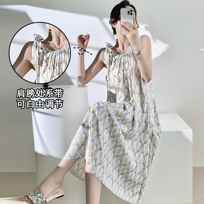 吊带睡裙女夏季棉绸无袖家居服睡衣女款2025新款波西米亚连衣裙子