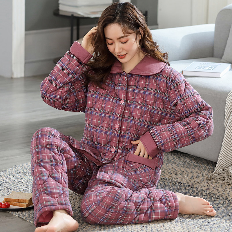 冬季妈妈睡衣女纯棉加厚三层夹棉袄秋冬天加棉保暖全棉家居服套装