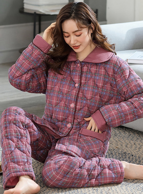 冬季妈妈睡衣女纯棉加厚三层夹棉袄秋冬天加棉保暖全棉家居服套装