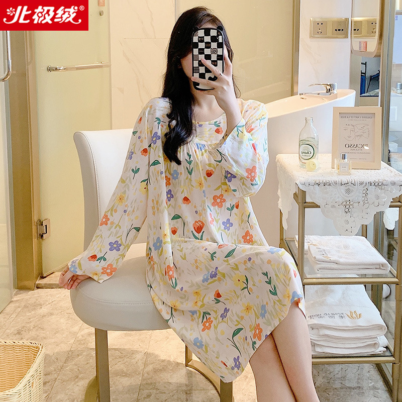 北极绒绵绸睡裙夏季女款新款连衣裙子中年妈妈棉绸长袖薄款家居服
