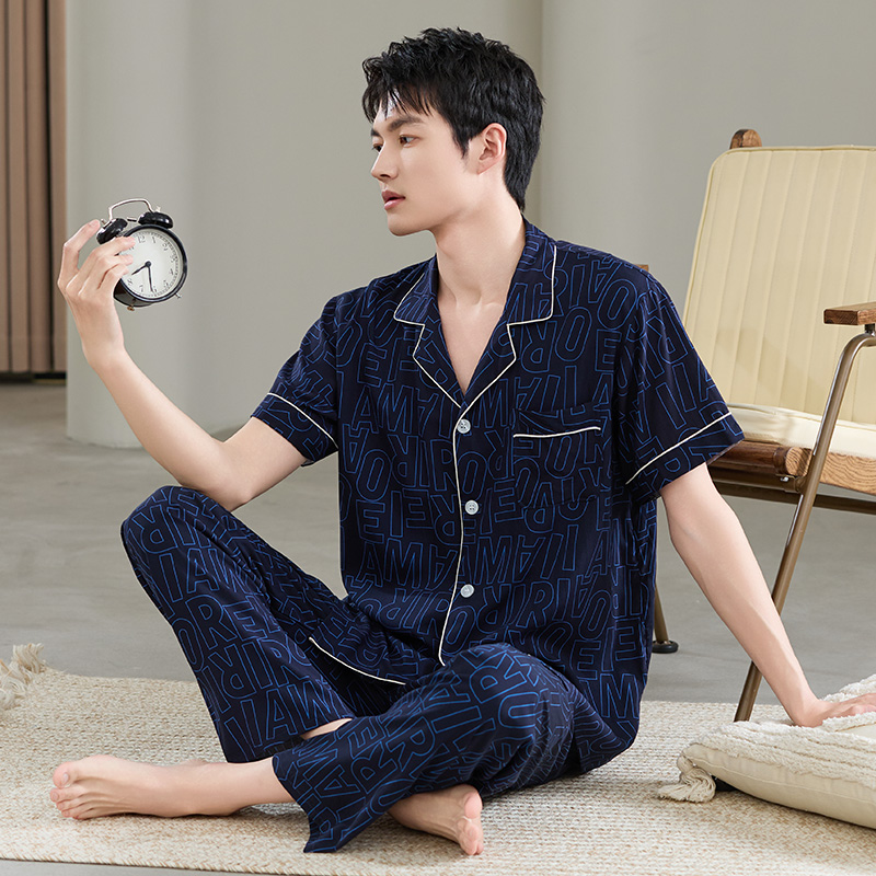 2025新款男士睡衣夏季棉绸短袖长裤可外穿薄款绵绸家居服两件套装