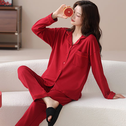 红色2025新款睡衣女春秋季纯棉长袖高级感结婚喜庆家居服两件套装