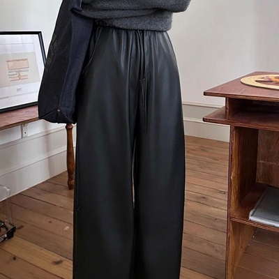 Hazel直销简约黑色百搭立体剪裁松紧腰宽松显瘦直筒阔腿休闲皮裤