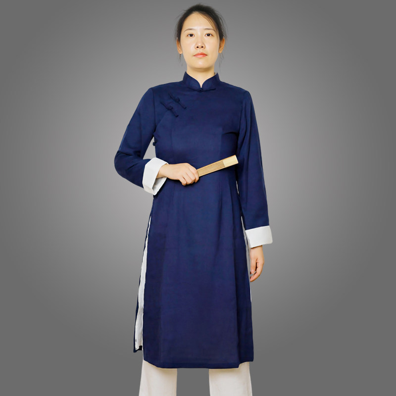 新中式斜襟盘扣亚麻练功服女春秋季武术太极服男大褂长衫禅意茶服