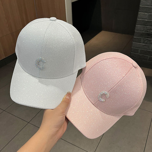 韩版C字母亮片鸭舌帽时尚百搭满天星水钻帽子女显脸小粉色棒球帽
