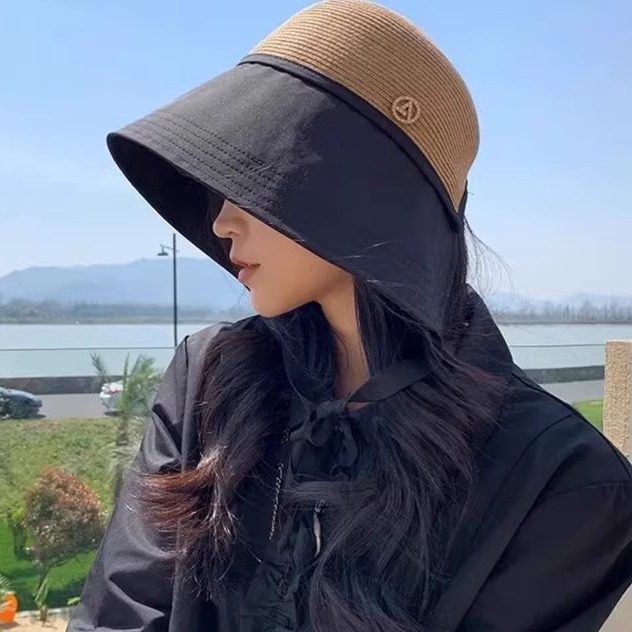 草帽女夏季可扎马尾半空顶遮阳帽户外可折叠骑车吹不翻大檐防晒帽