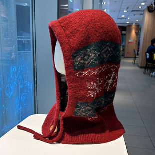 费尔岛针织帽子围巾一体红色毛线帽女巴拉克法帽秋冬季保暖护耳帽