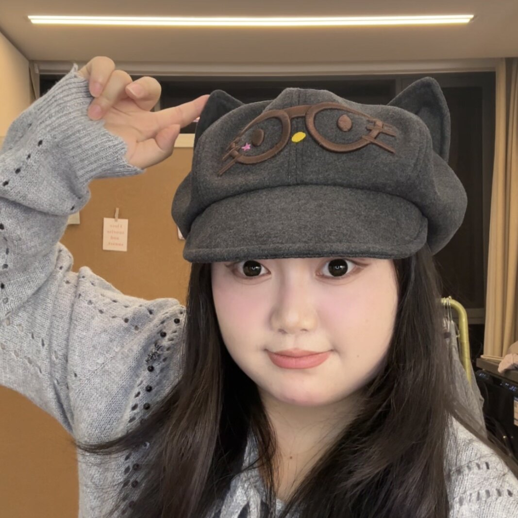 日系可爱眼镜猫咪八角贝雷帽子女
