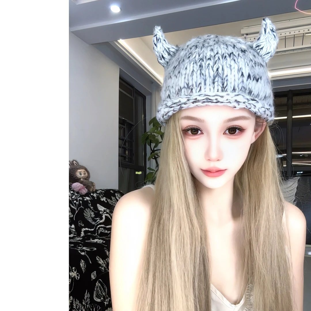 可爱搞怪牛角针织毛线帽防风保暖