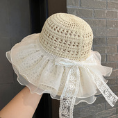 蕾丝飘带渔夫帽子女夏季 镂空透气大帽檐防晒遮阳帽海边度假太阳帽
