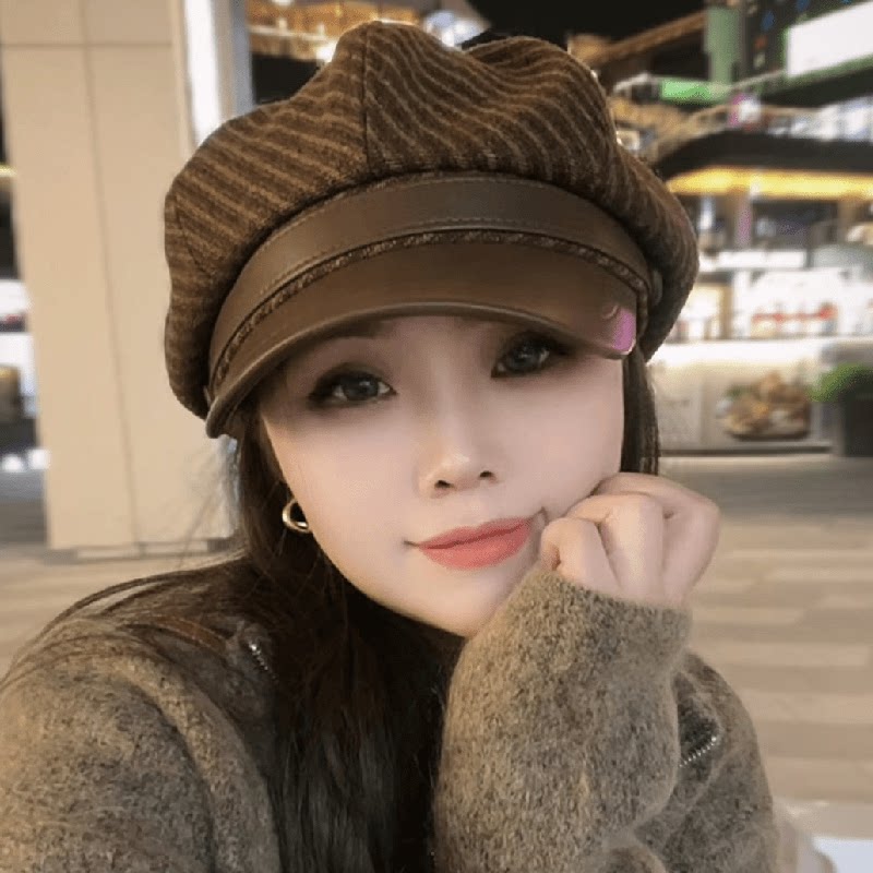 复古格纹贝雷帽女秋冬季英伦风皮檐拼接毛呢八角帽显脸小画家帽子