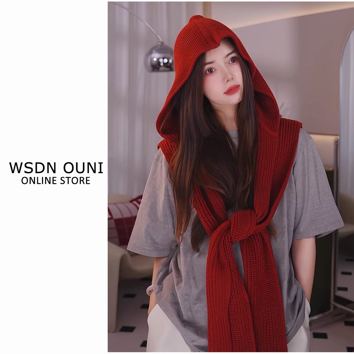 2026新款韩版时尚红色帽子围巾一体女秋冬季加厚保暖披肩斗篷外搭