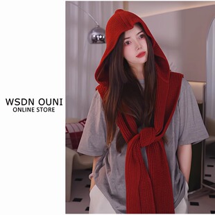 2026新款韩版时尚红色帽子围巾一体女秋冬季加厚保暖披肩斗篷外搭