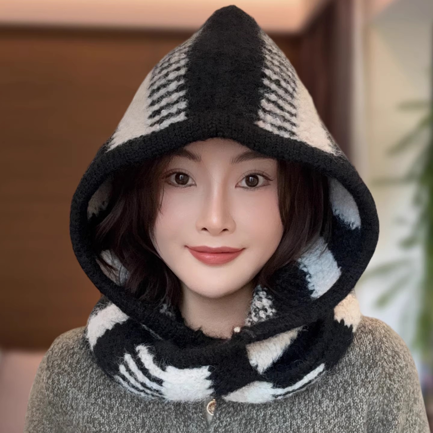 黑白条纹针织巴拉克拉法帽子围巾