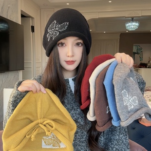 蝴蝶卷边堆堆帽子女显脸小秋冬季保暖大头围包头帽毛线针织帽冷帽