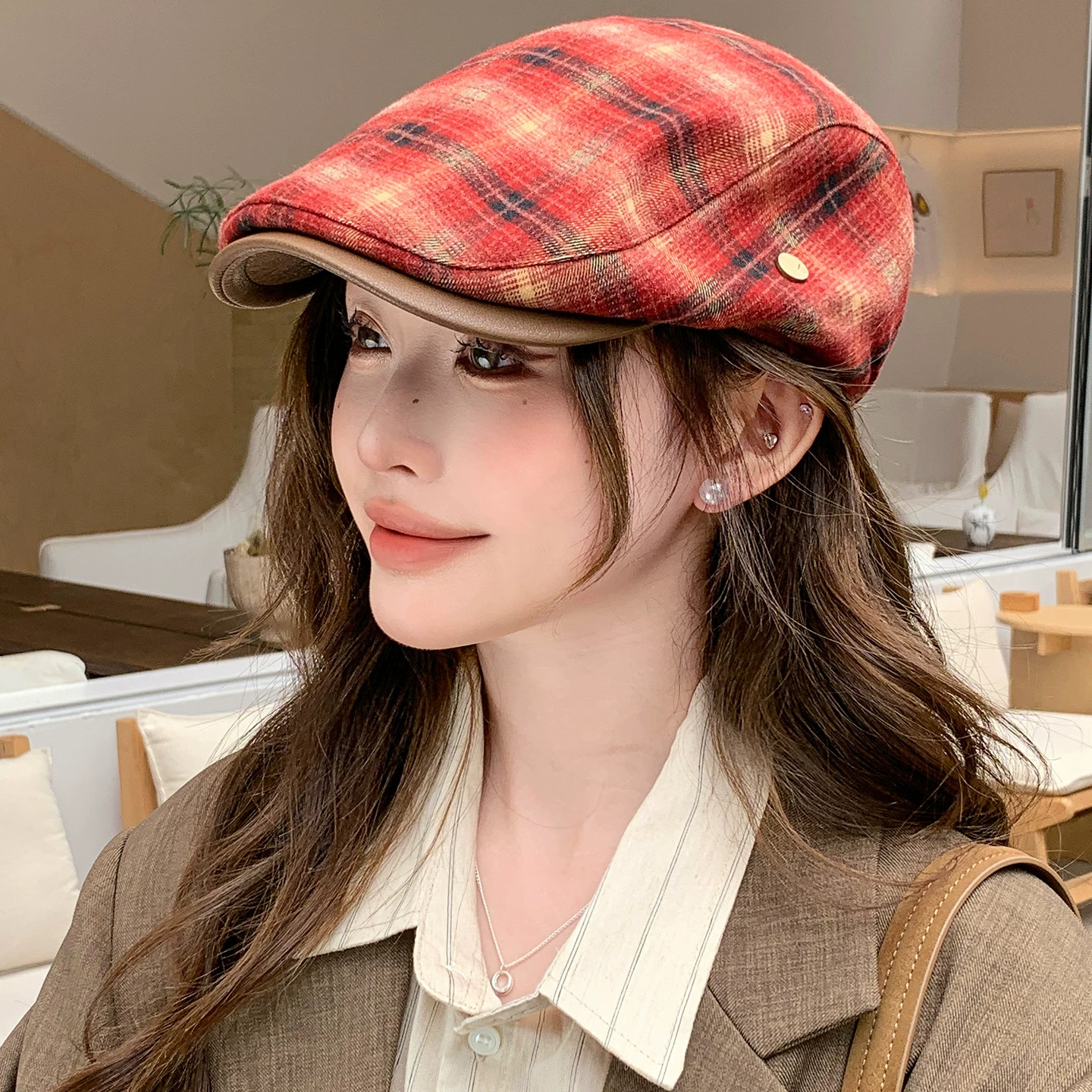 女秋季新款英伦复古格纹前进帽女