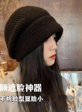 黑色毛线帽子女秋冬大头围宽松针织堆堆帽护耳保暖包头冷帽显脸小