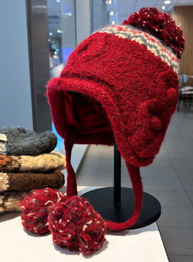 费尔岛毛球针织帽女冬季加厚保暖提防寒花毛线帽滑雪包头护耳帽子