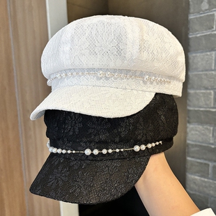 蕾丝八角帽子女士英伦复古鸭舌帽夏季薄款小香风白色贝雷帽遮阳帽