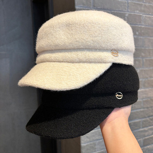 简约百搭鸭舌帽子女款2025新款秋冬羊毛呢平顶帽复古马术帽显脸小
