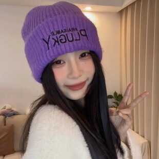 紫色毛线帽子女显脸小秋冬季百搭保暖包头帽宽松针织堆堆帽大头围