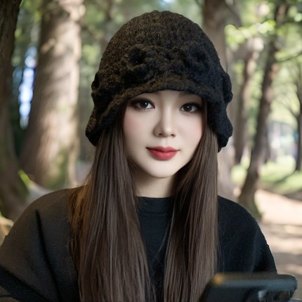 2025新款立体花朵针织毛线帽子女秋冬季户外保暖包头帽显脸小盆帽