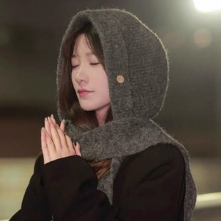 韩版百搭巴拉克法帽子围巾一体两用围脖秋冬季加厚保暖针织护耳帽