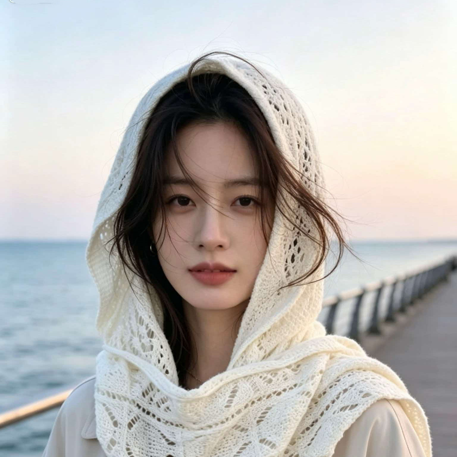 旅游拍照氛围镂空帽子女围巾一体