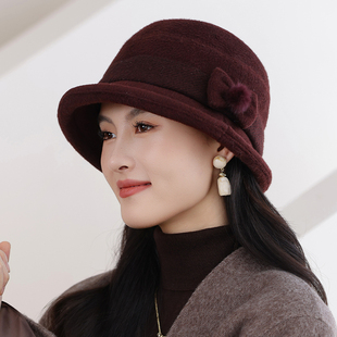 中老年人帽子女士秋冬复古礼帽仿羊绒保暖卷边盆帽洋气百搭渔夫帽