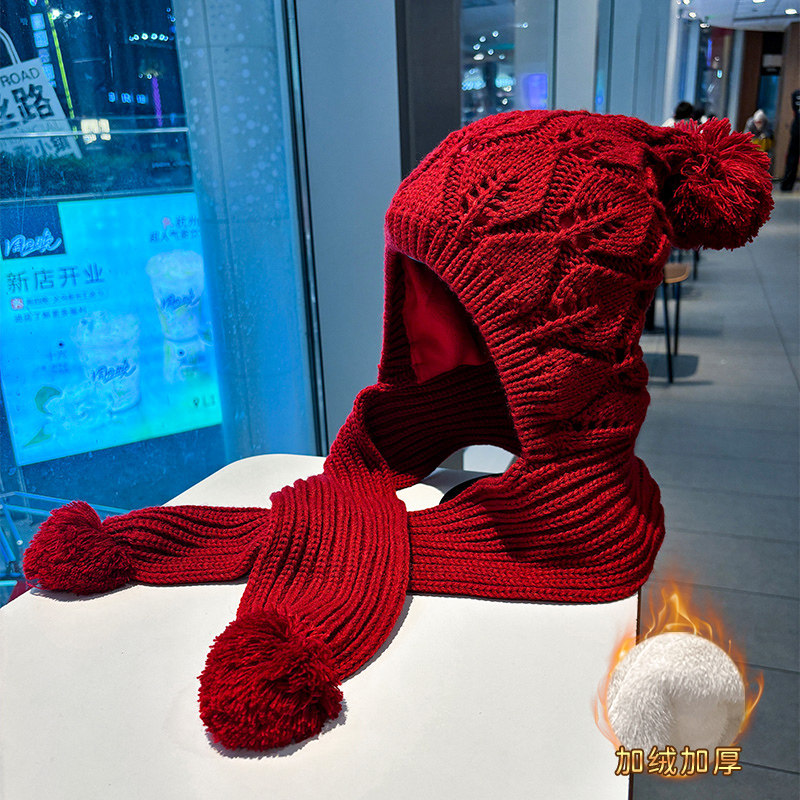 2025新款针织帽子女冬季防风保暖毛球套头帽护脖围巾帽一体护耳帽
