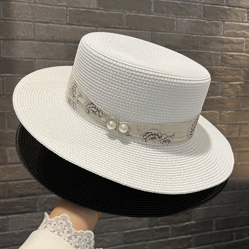 帽子女款2025新款夏珍珠织带草帽平顶白色礼帽遮阳防晒草编太阳帽