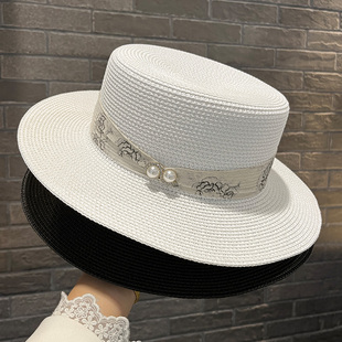 帽子女款2026新款夏珍珠织带草帽平顶白色礼帽遮阳防晒草编太阳帽