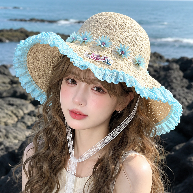 夏季海边沙滩蕾丝飘带花边草帽女