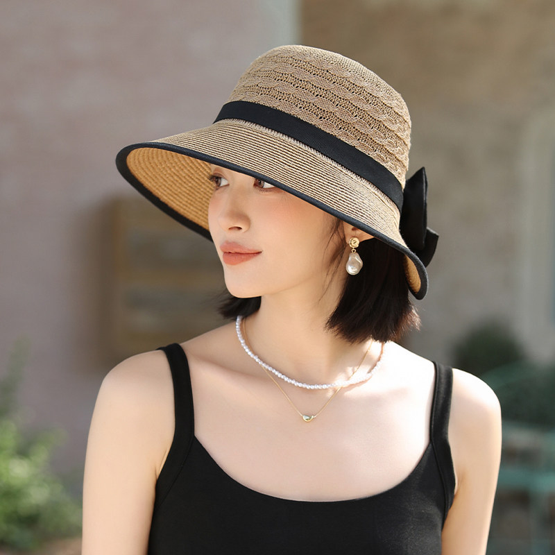 草编帽子女款2026新款蝴蝶结渔夫帽夏季遮阳防晒帽防紫外线太阳帽