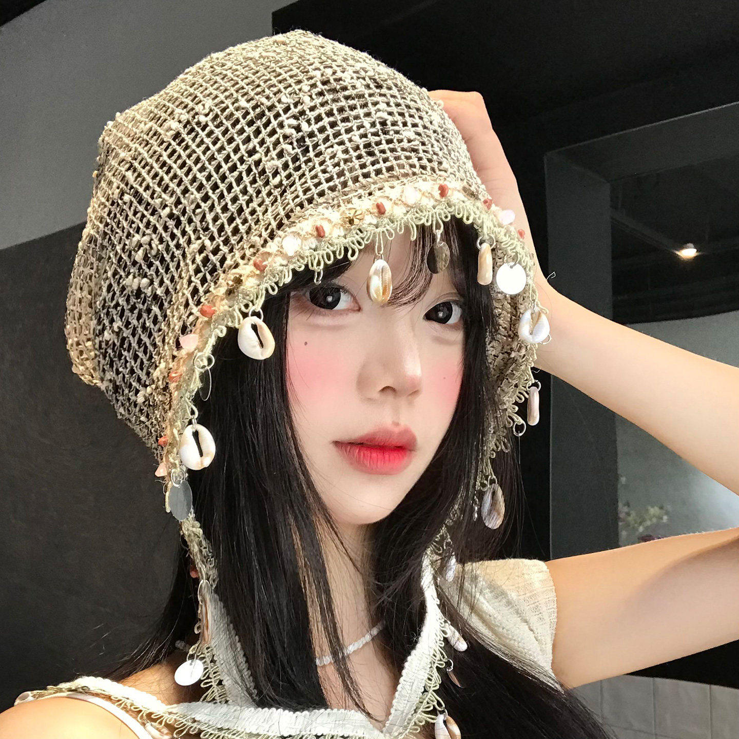 波西米亚风贝壳流苏套头帽显脸小