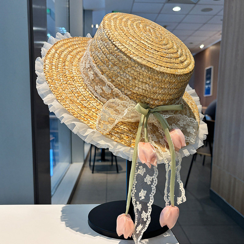 法式甜美郁金香平顶草帽女夏