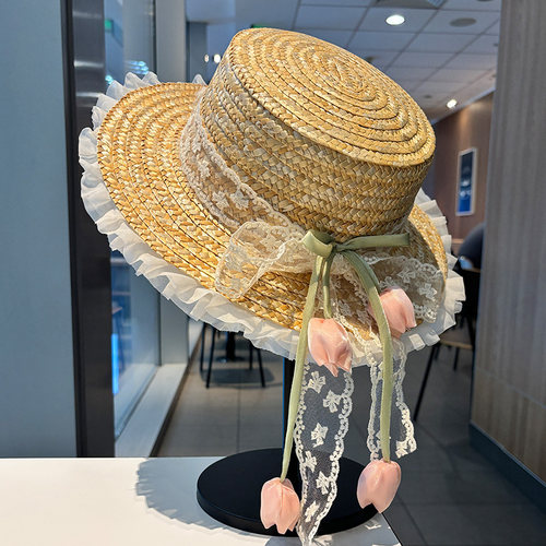 法式甜美郁金香平顶草帽女夏