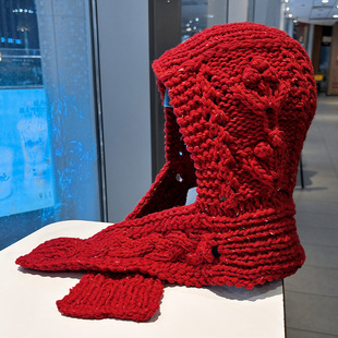 韩国红色巴拉克法帽女秋冬新款手工帽子粗针织毛线帽保暖护耳围脖