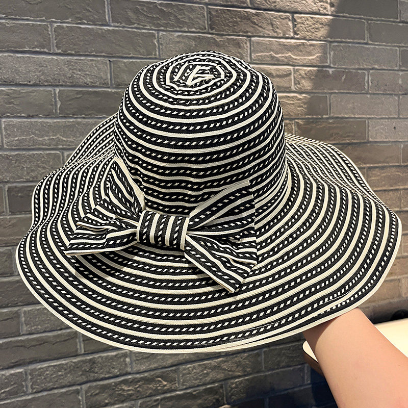 大帽檐条纹渔夫帽子女款2026新款夏季防晒遮阳帽可折叠蝴蝶结盆帽