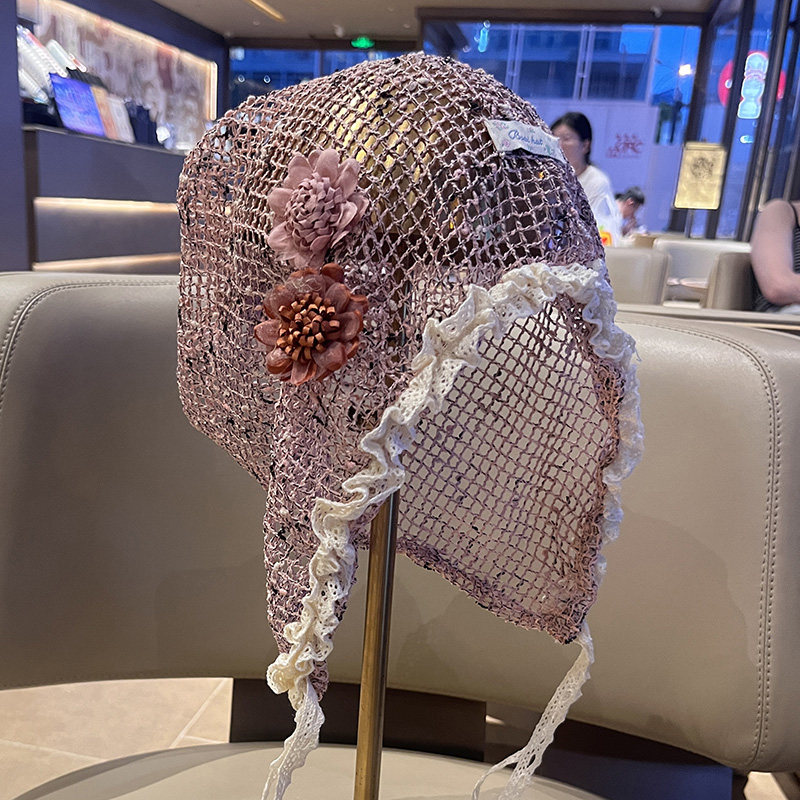 网纱花朵系带镂空包头帽女春秋季薄款透气堆堆帽百搭显脸小套头帽