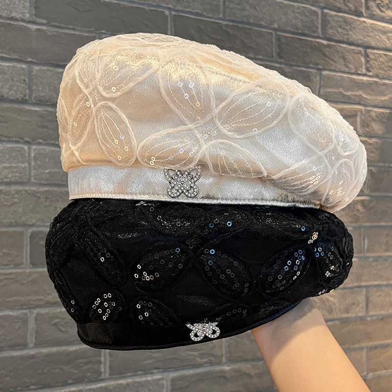 网纱亮片水钻蝴蝶结贝雷帽显脸小