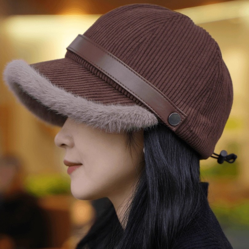 灯芯绒毛绒鸭舌帽保暖百搭渔夫帽
